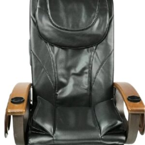 A black leather massage chair with wooden armrests.