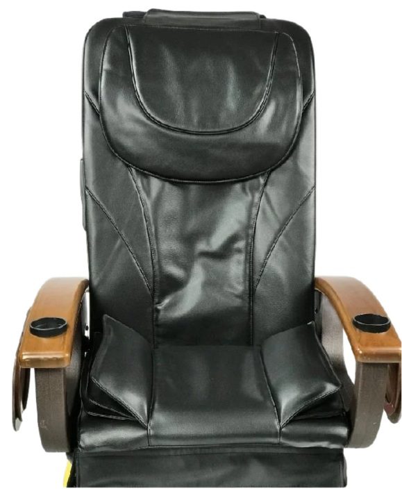 A black leather massage chair with wooden armrests.