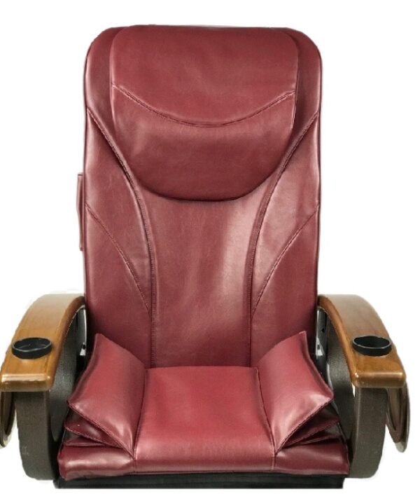 A maroon massage chair with wooden armrests.