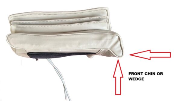 A close-up of a white cushioned wedge with stitching details.