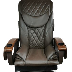 Brown leather massage chair with armrests.