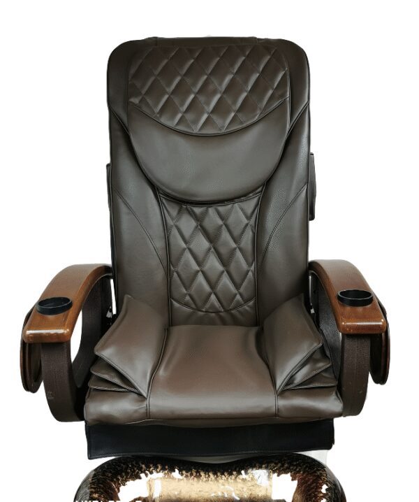 Brown leather massage chair with armrests.