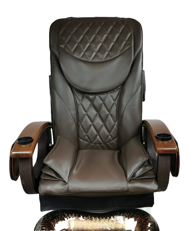 Brown leather massage chair with armrests.
