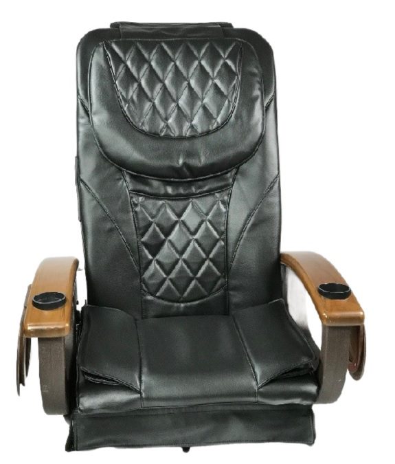 Black massage chair with wooden armrests.